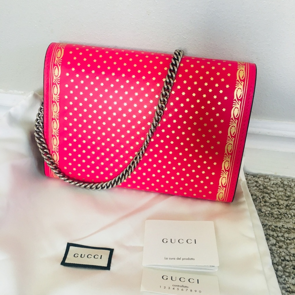 New Authentic Gucci Guccy Logo Moon & Stars Leather Wallet Chain Small P… - Picture 10 of 15